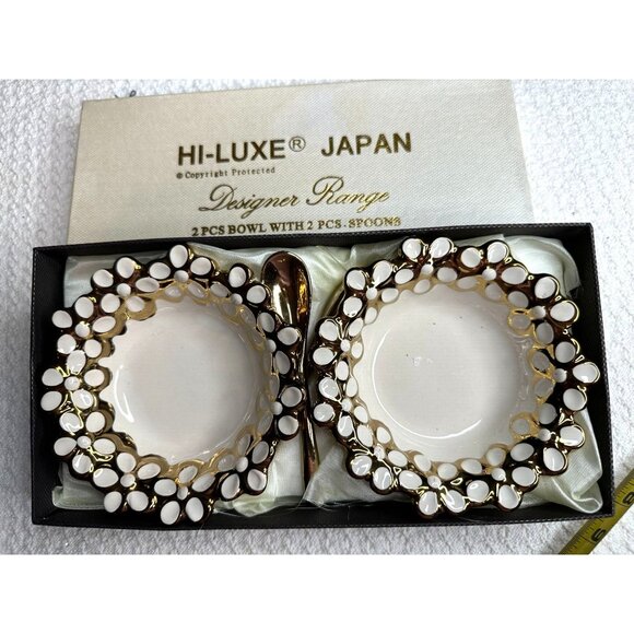 Hi Luxe Japan Designer Range 2 Pc Bowl Spoon Set White Gold Trim Tableware NOS - Picture 3 of 8